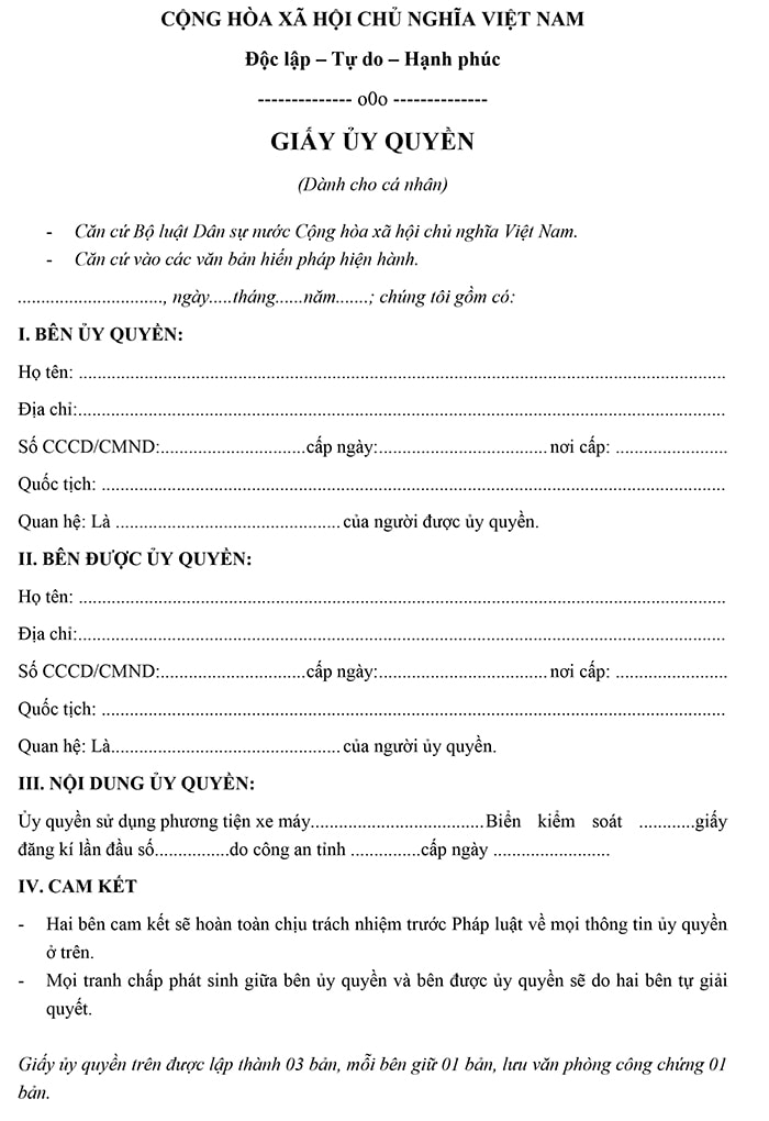 Giấy ủy quyền sử dụng xe máy