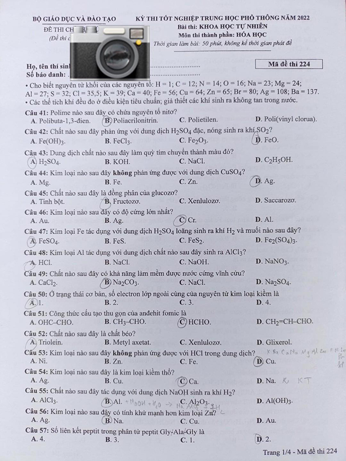 Đề thi THPT quốc gia 2022 môn Hóa