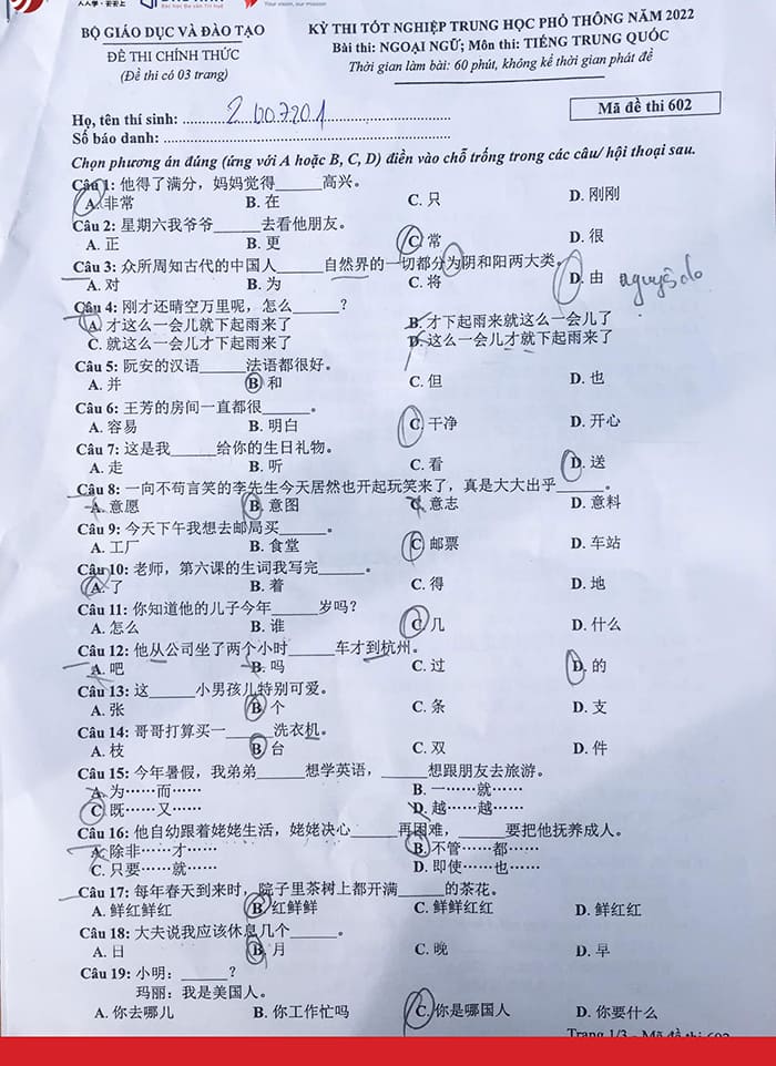 Đề thi THPT quốc gia môn tiếng Trung