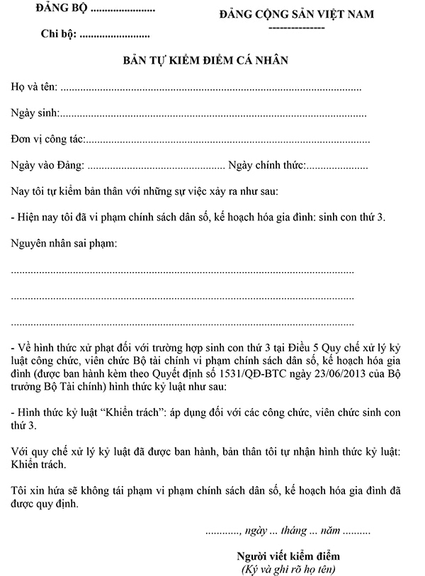 Mẫu bản tự kiểm điểm đảng viên sinh con thứ 3