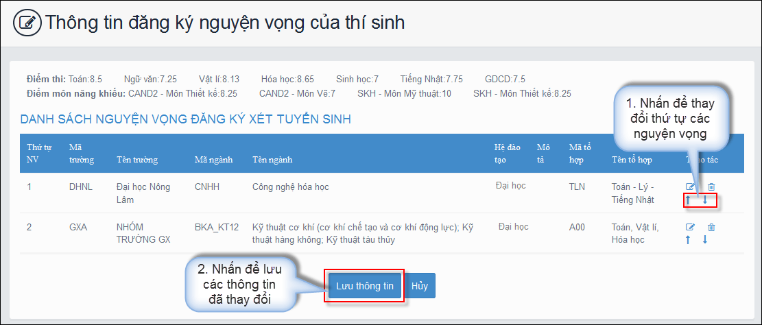Thay đổi nguyện vọng đăng ký xét tuyển