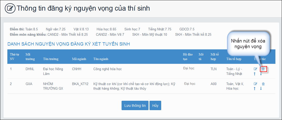 Thay đổi nguyện vọng đăng ký xét tuyển