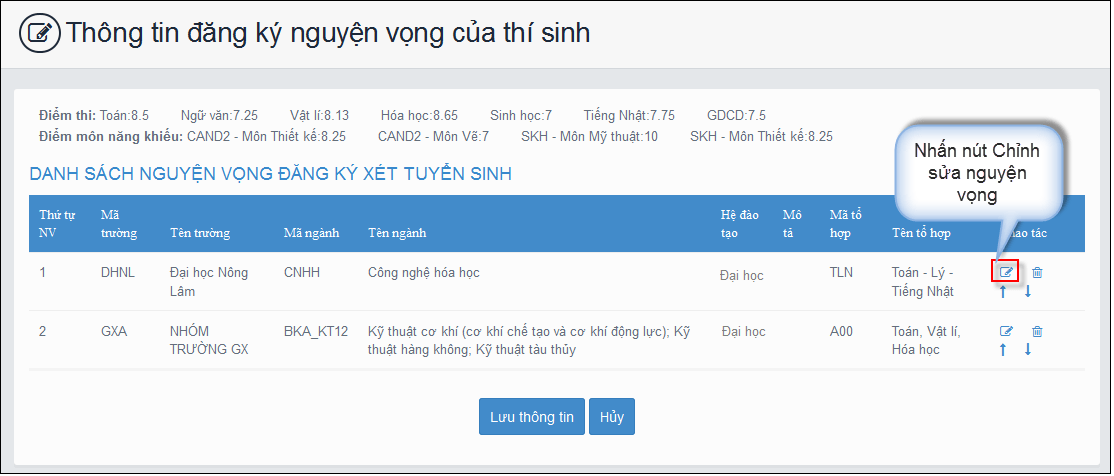 Thay đổi nguyện vọng đăng ký xét tuyển