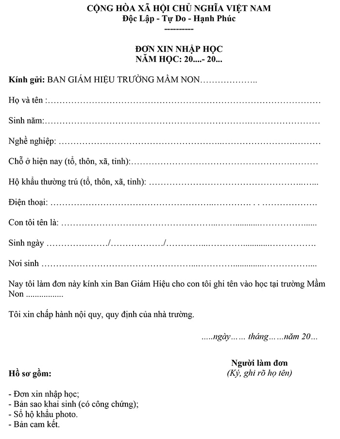 Mẫu đơn xin nhập học mầm non