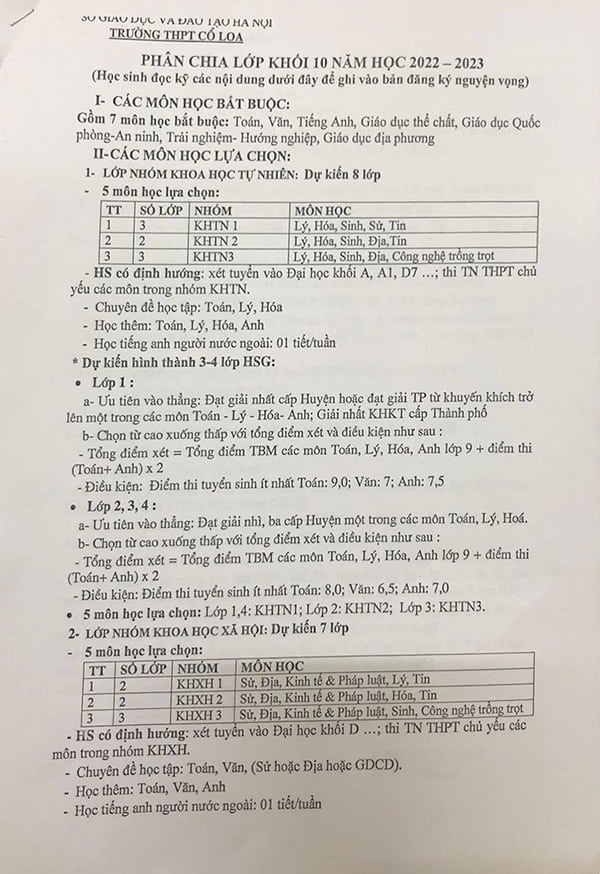Hướng dẫn phân ban lớp 10 năm học 2022-2023