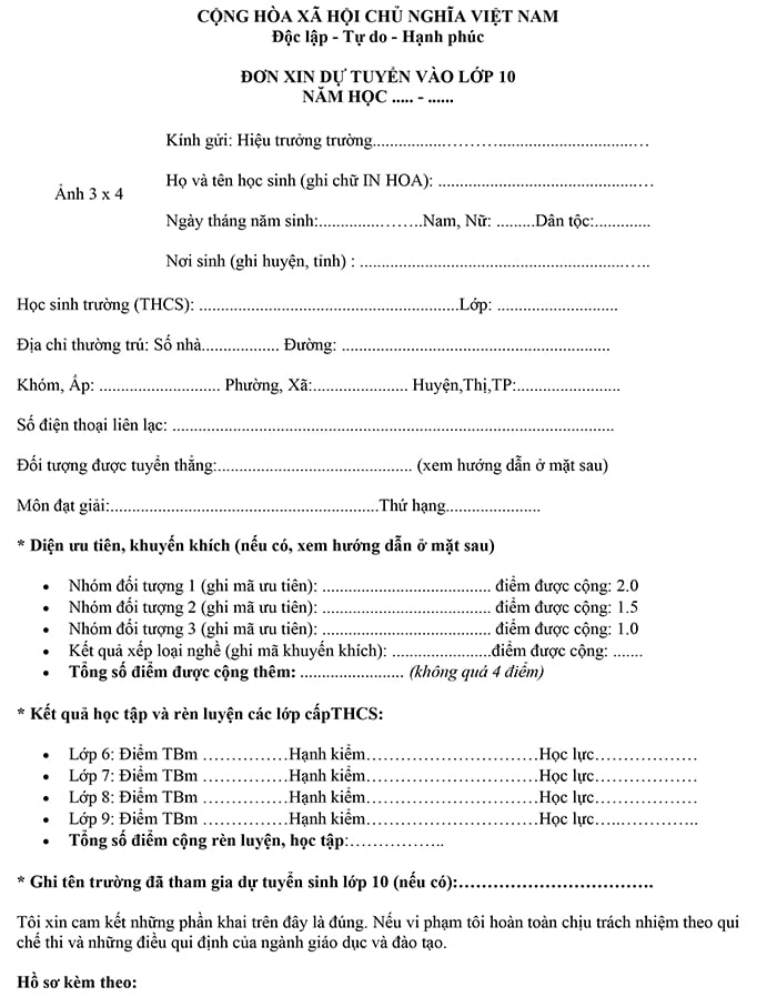  Phiếu đăng ký dự tuyển vào lớp 10 