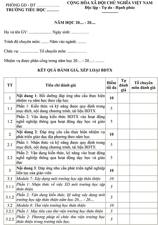 Phiếu đánh giá, xếp loại kết quả BDTX giáo viên Tiểu học