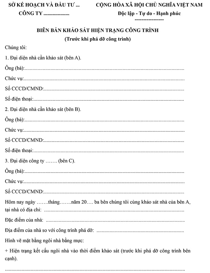Mẫu biên bản khảo sát hiện trạng công trình 2024
