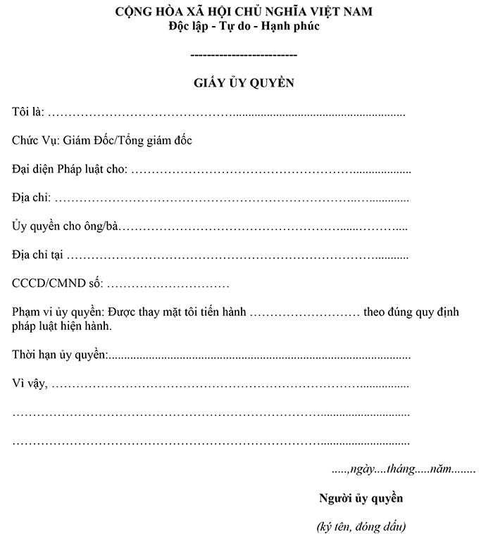 Mẫu giấy ủy quyền công ty cho cá nhân