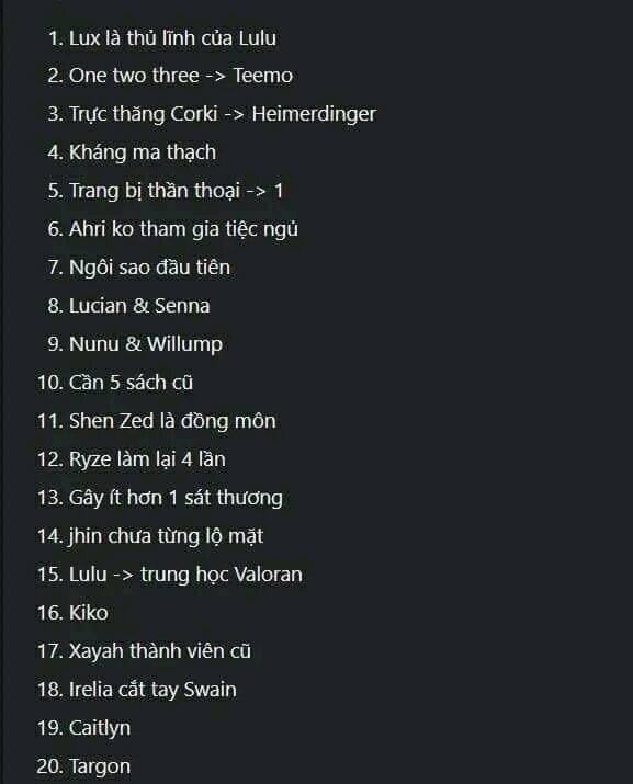 Bảng đáp án Chiến Thần Tri Thức LMHT