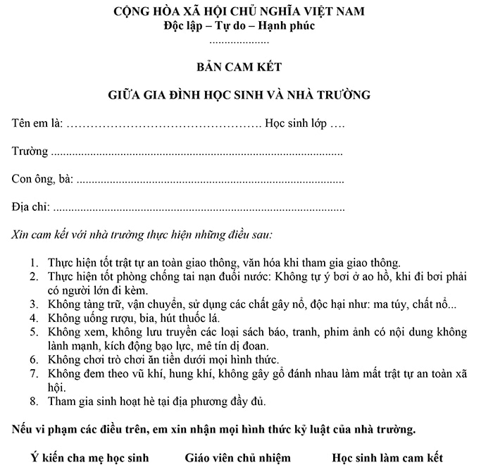 Bản cam kết hoạt động trong dịp hè