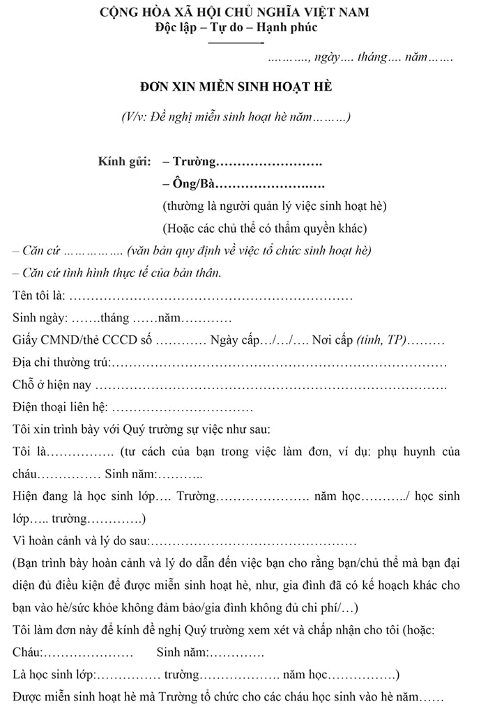 Mẫu đơn xin được miễn sinh hoạt hè