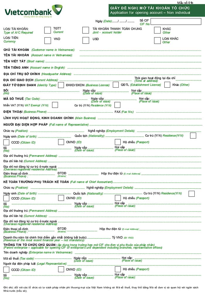 Mẫu giấy đề nghị mở tài khoản ngân hàng Vietcombank doanh nghiệp