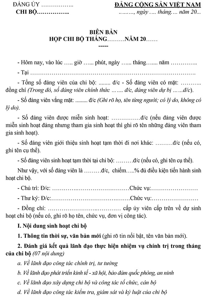 Mẫu biên bản sinh hoạt chi bộ thôn, làng, tổ dân phố