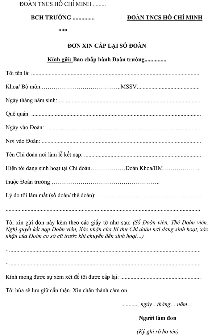 Đơn xin cấp lại sổ Đoàn