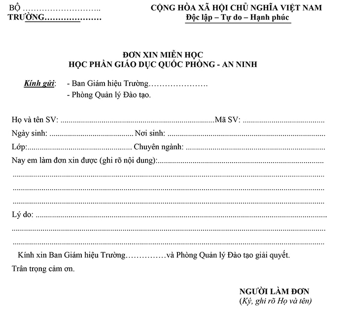 Đơn đề nghị miễn học môn học giáo dục