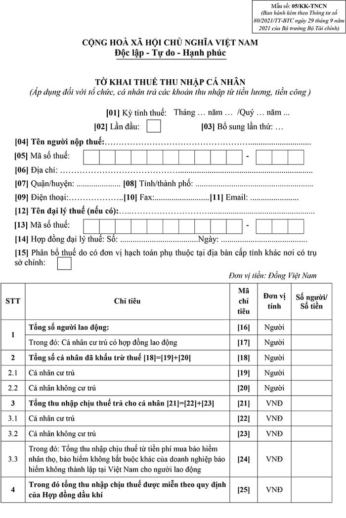 Mẫu tờ khai khấu trừ thuế thu nhập cá nhân theo thông tư 92