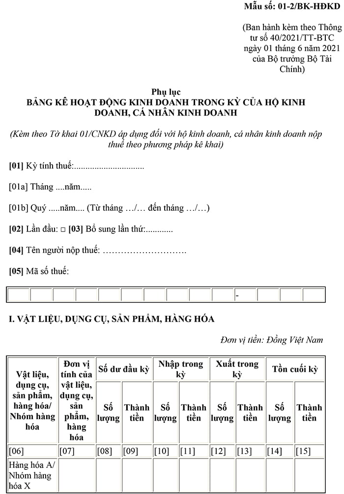 Phụ lục Bảng kê hoạt động kinh doanh trong kỳ của hộ kinh doanh, cá nhân kinh doanh