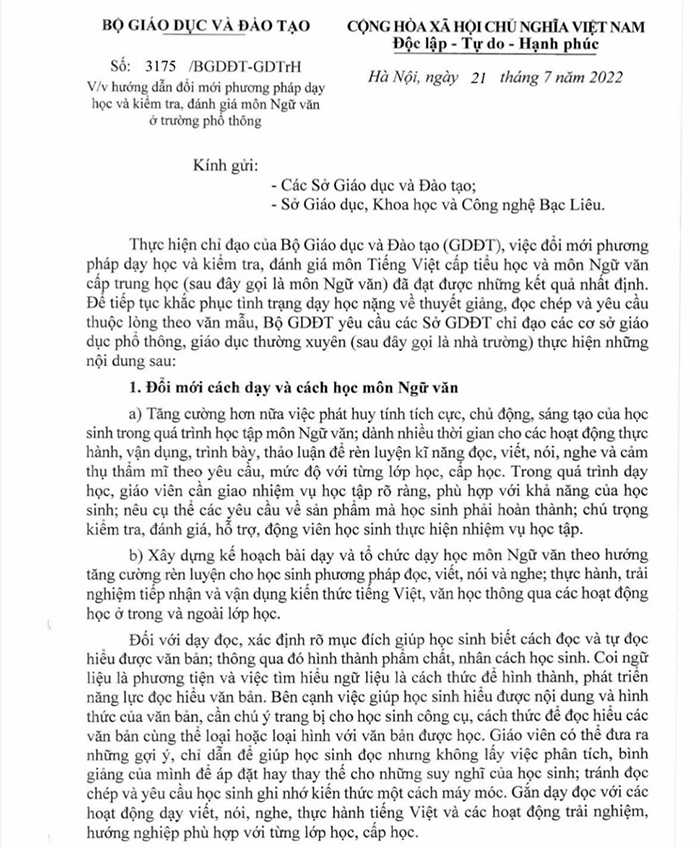 Công văn số 3175/BGDĐT-GDTrH