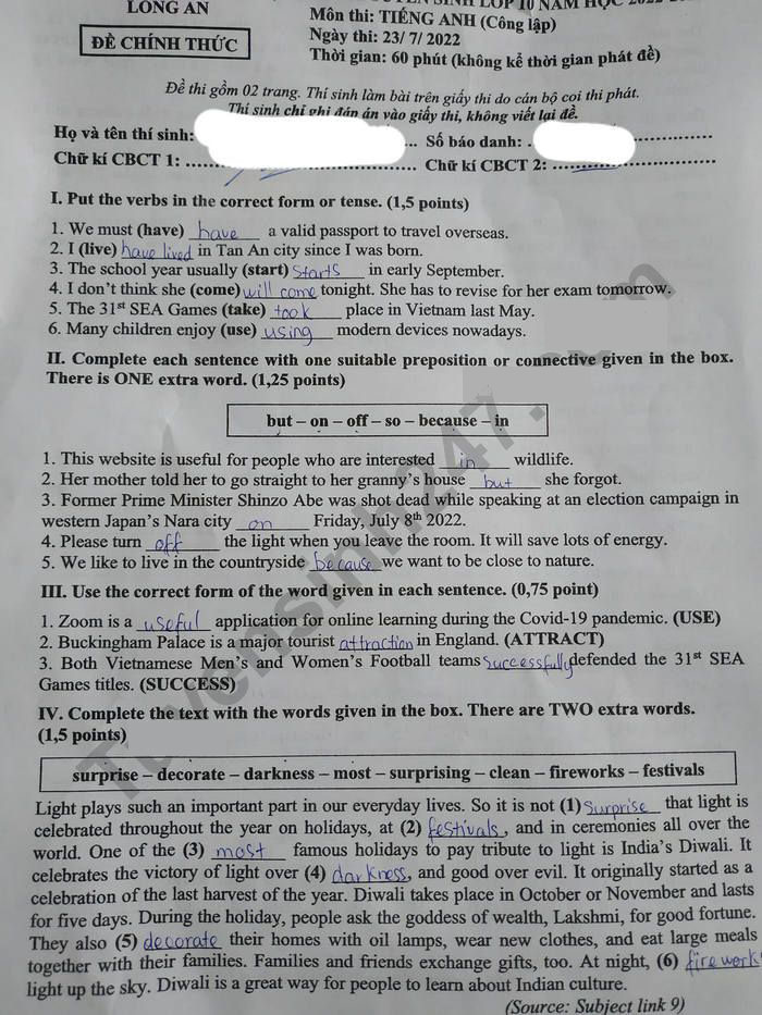 Đề thi tuyển sinh vào lớp 10 môn tiếng Anh 2022 Long An