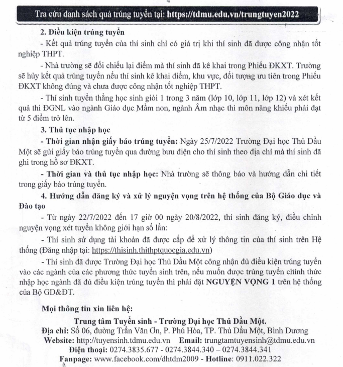 Điểm xét học bạ Đại học Thủ Dầu Một 2022