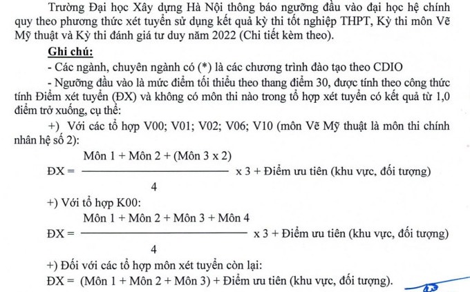  Điểm sàn Đại học Xây dựng 2022