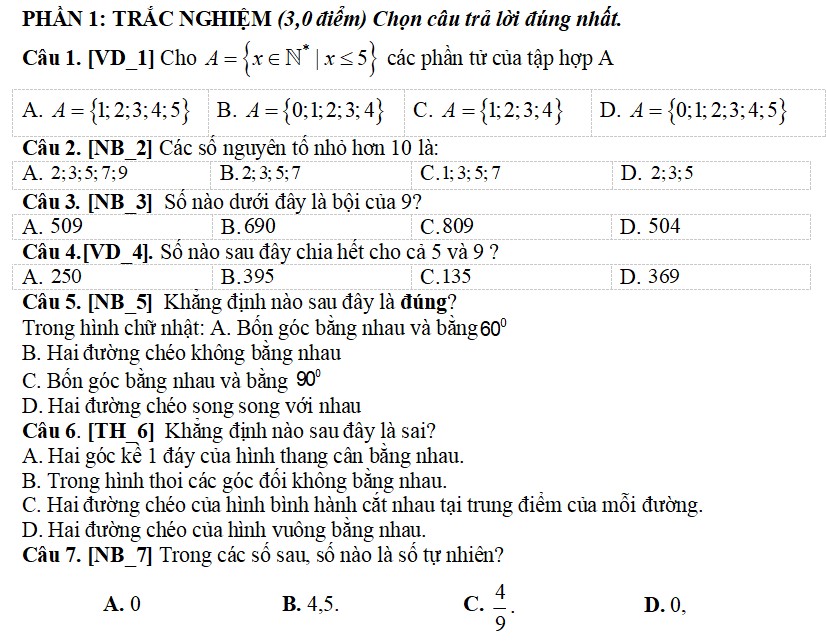 Đề kiểm tra giữa học kỳ I môn Toán 6