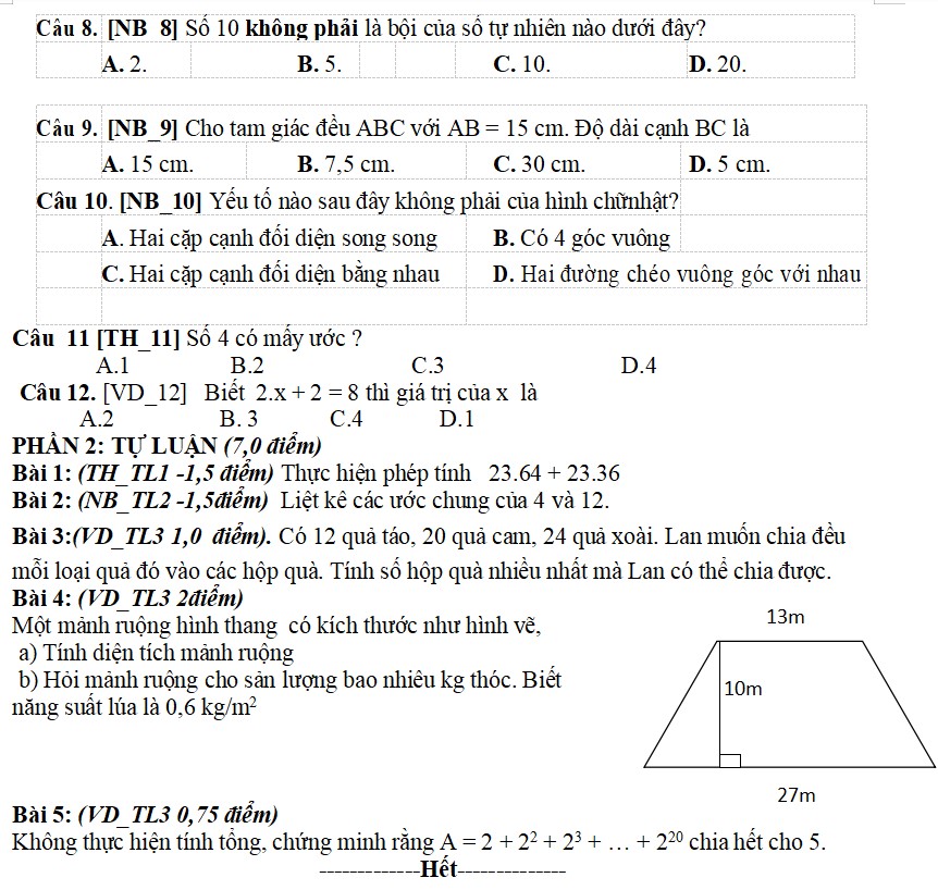 Đề kiểm tra giữa học kỳ I môn Toán 6
