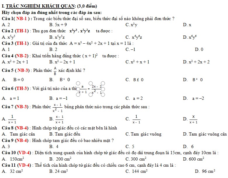 Đề kiểm tra cuối học kỳ I môn Toán 8