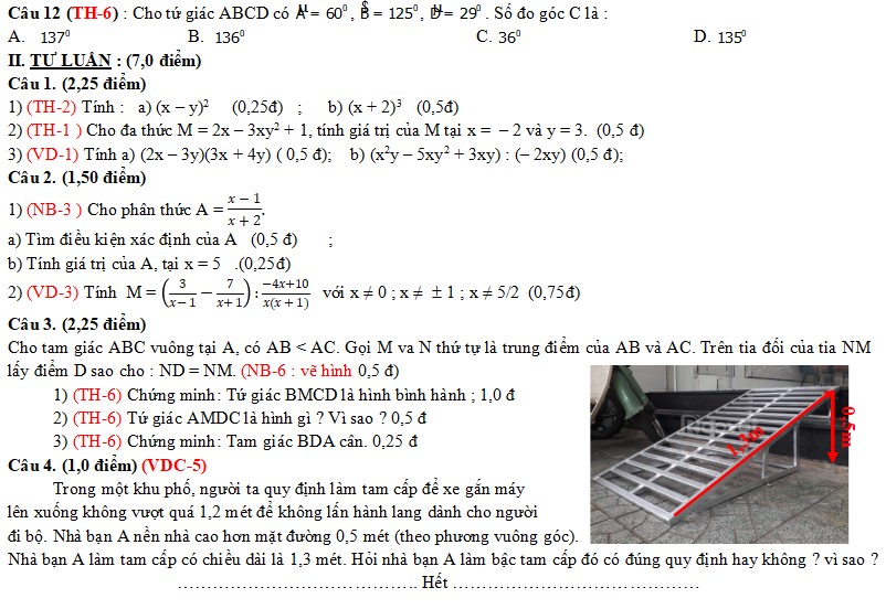 Đề kiểm tra cuối học kỳ I môn Toán 8