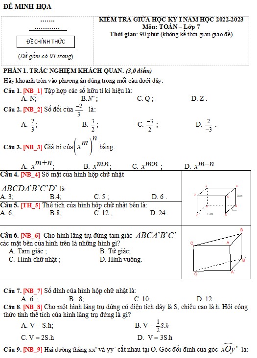 Đề kiểm tra giữa học kỳ I môn Toán 7