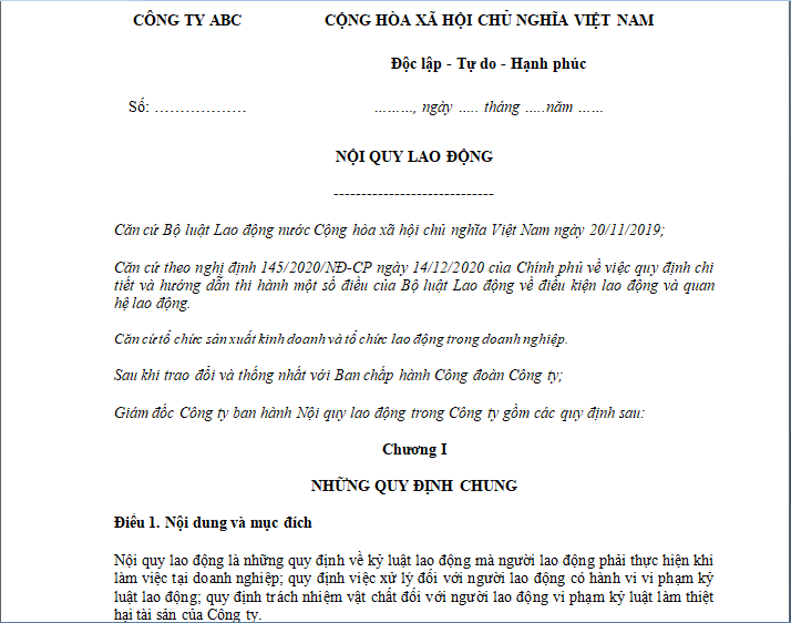Mẫu nội quy lao động công ty mới nhất