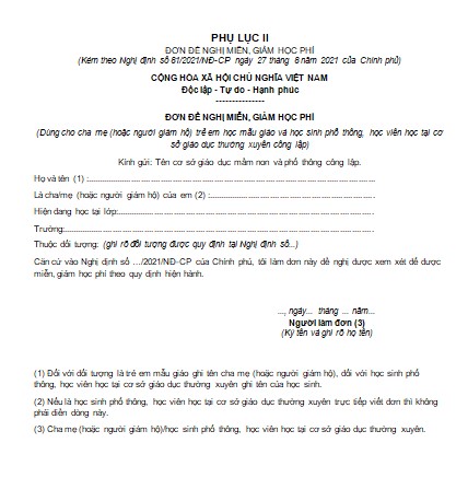 Đơn xin miễn học phí theo Nghị định 81/2021/NĐ-CP