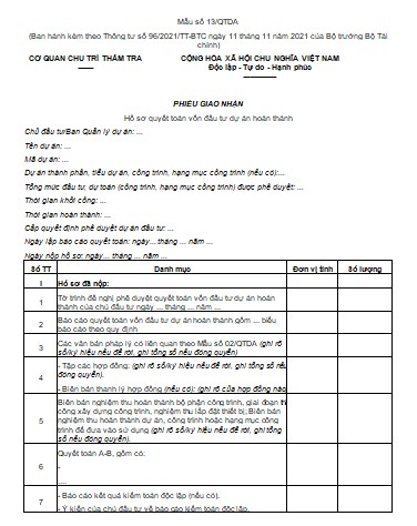 Mẫu số 13/QTDA theo Thông tư 96/2021