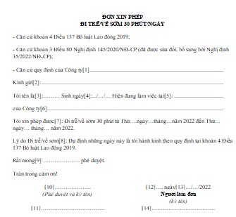 Đơn xin phép đi trễ, về sớm của lao động nữ khi hành kinh 