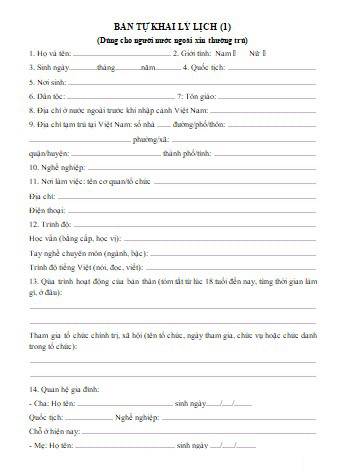 Bản tự khai lý lịch cho người xin thường trú