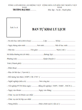 Mẫu bản tự khai lý lịch