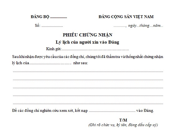 Phiếu chứng nhận lý lịch của người xin vào Đảng