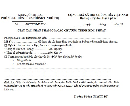 Giấy xác nhận sinh viên tham gia các chương trình học thuật