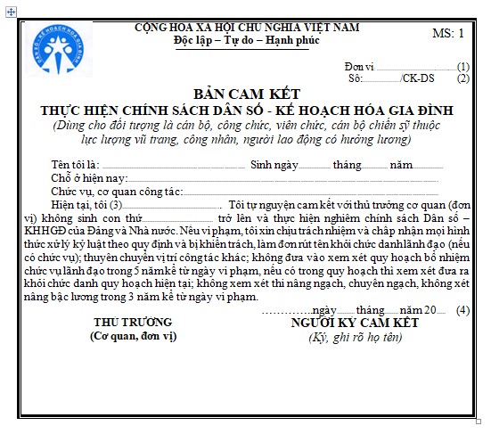 Bản cam kết thực hiện chính sách dân số - kế hoạch hóa gia đình (Mặt trước)
