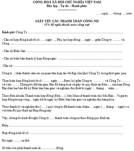 Giấy yêu cầu thanh toán công nợ mới nhất