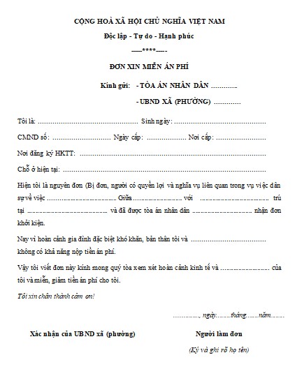 Đơn xin miễn giảm án phí
