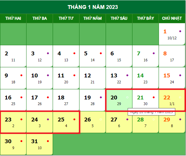 Lịch nghỉ Tết nguyên đán Quý Mão 2023