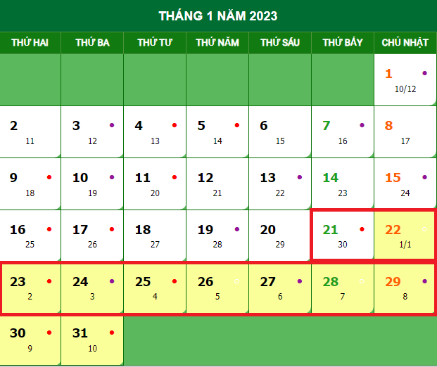 Lịch nghỉ Tết nguyên đán Quý Mão 2023