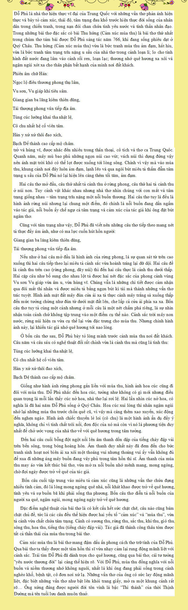 Viết bài văn phân tích và đánh giá bài thơ Thu hứng