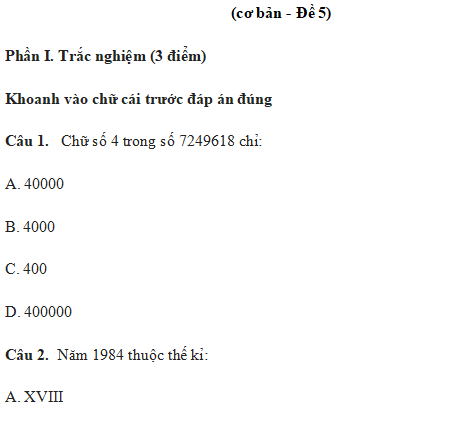 Đề thi học kì 1 môn Toán lớp 4 năm học 2023-2024