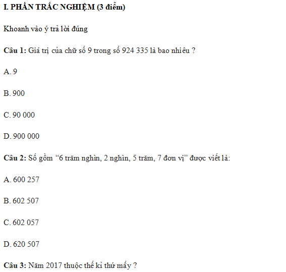 Đề thi toán lớp 4 học kì 1	