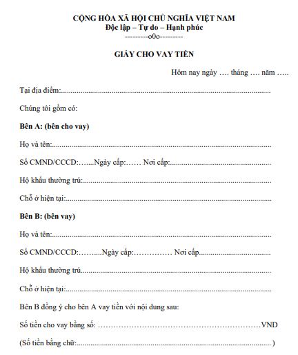 Mẫu giấy vay tiền mới nhất