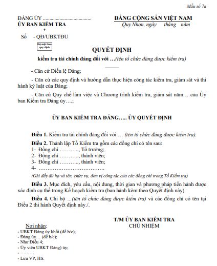 Mẫu quyết định kiểm tra tài chính Đảng
