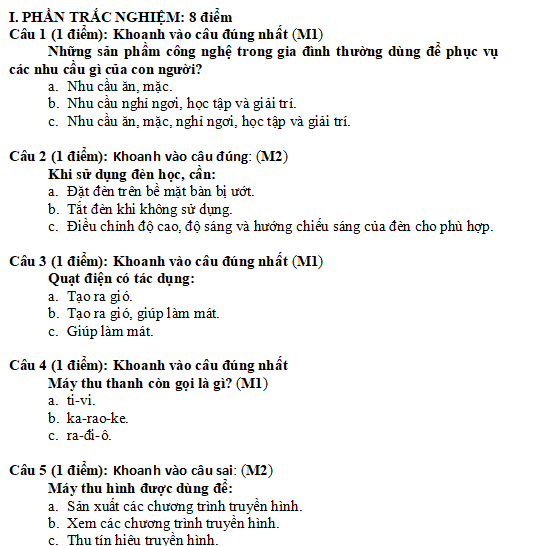Đề thi học kì 1 môn Công nghệ lớp 3
